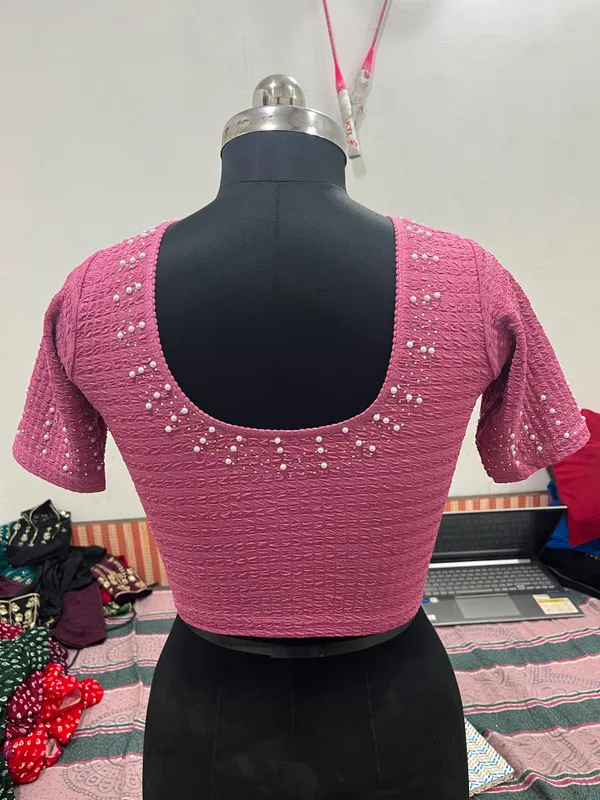 Pink_Textured_Short_Sleeve_Blouse_for_Women
