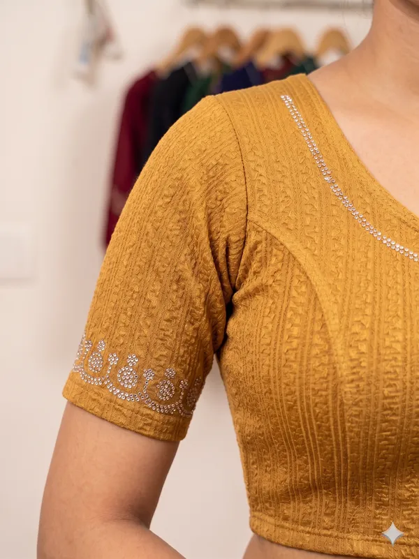 Mustard_Textured_Short_Sleeve_Blouse_for_Women