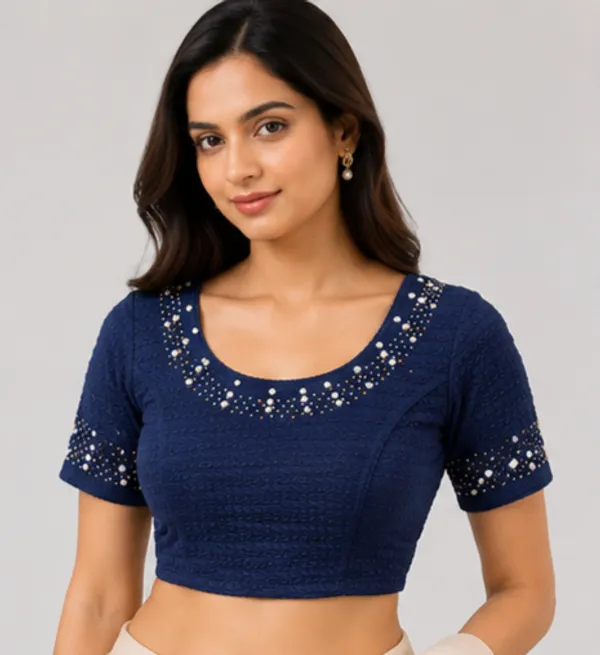 Navy_Embellished_Short_Sleeve_Blouse_for_Women