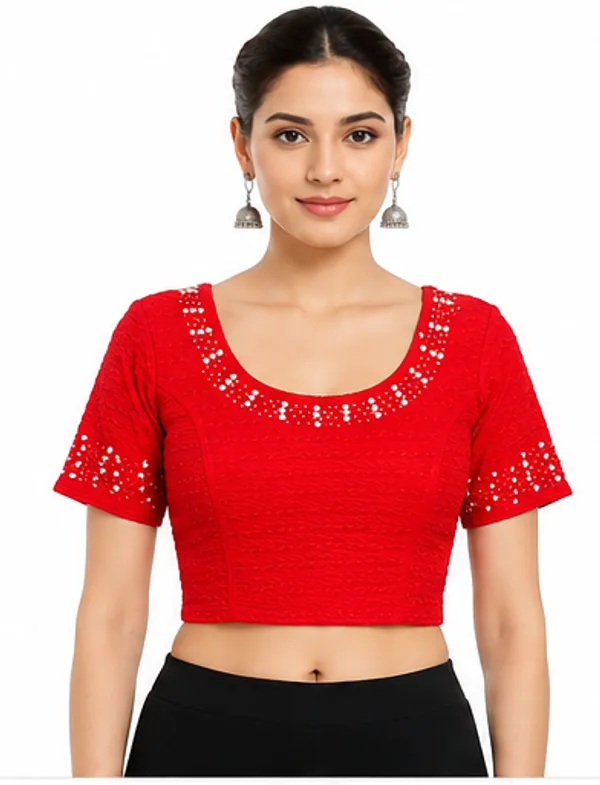 Red_Embellished_Short_Sleeve_Blouse_for_Women