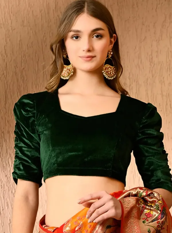 Green_Velvet_Puff_Sleeve_Blouse_for_Women