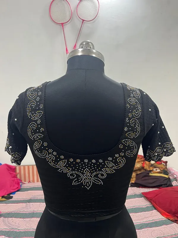 Black_Embellished_Short_Sleeve_Blouse_for_Women