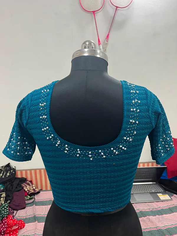 Blue_Textured_Embellished_Blouse_for_Women