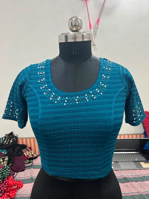 Blue_Textured_Embellished_Blouse_for_Women