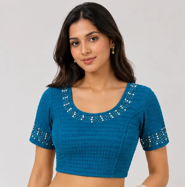 Blue_Textured_Embellished_Blouse_for_Women