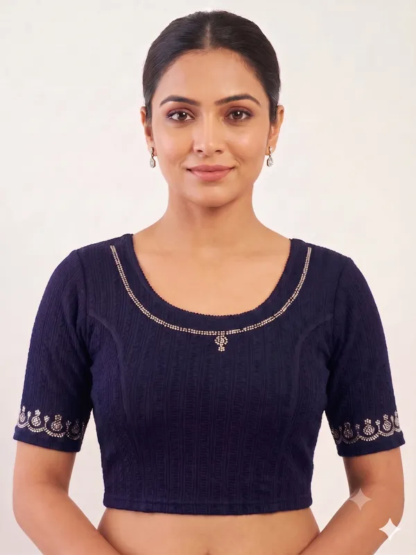 Navy_Textured_Short_Sleeve_Blouse_for_Women