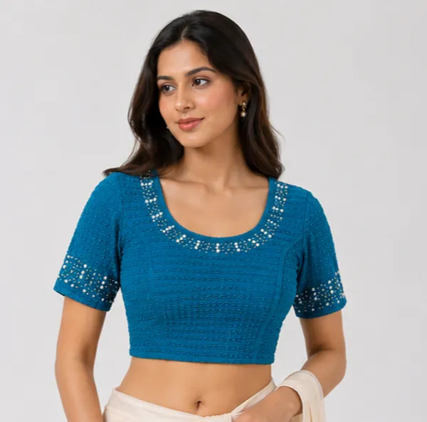 Blue_Textured_Embellished_Blouse_for_Women