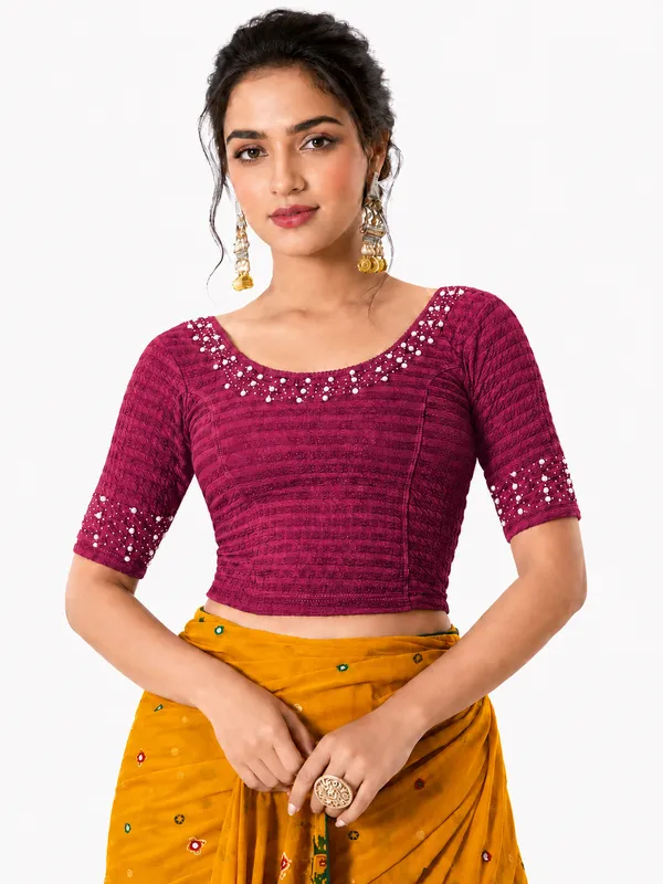 Maroon_Lycra_Embellished_Short_Sleeve_Blouse_For_Women