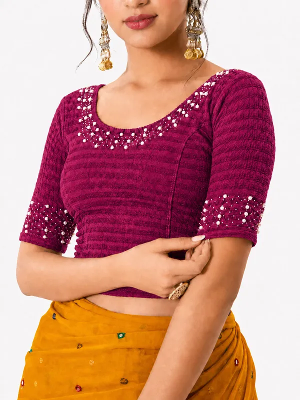 Maroon_Lycra_Embellished_Short_Sleeve_Blouse_For_Women