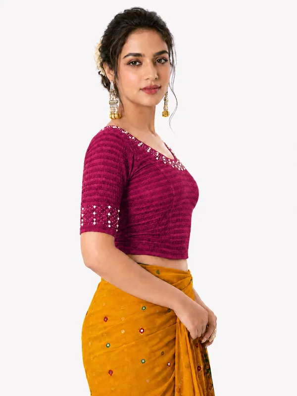 Maroon_Lycra_Embellished_Short_Sleeve_Blouse_For_Women