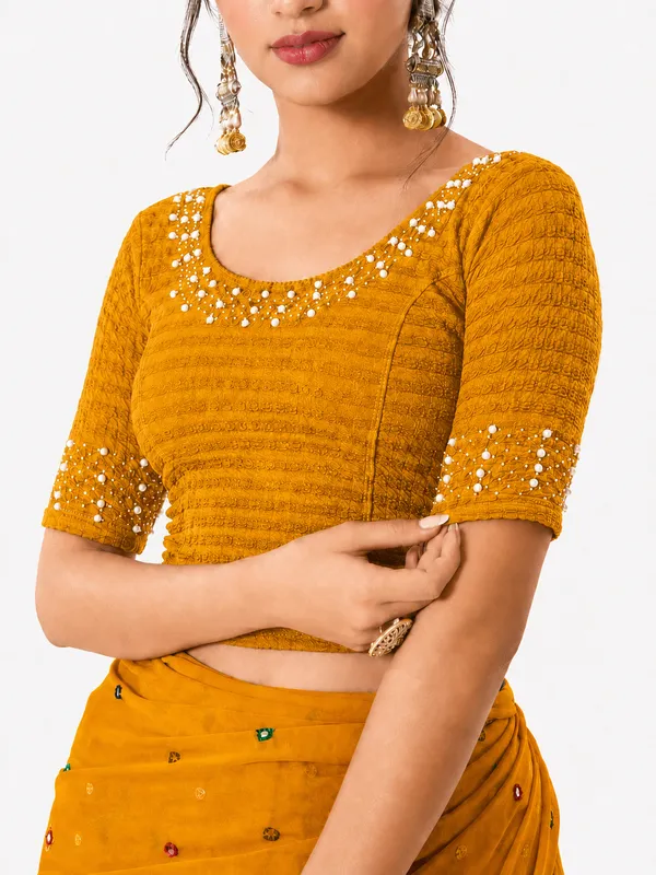 Yellow_Lycra_Embellished_Blouse_For_Women