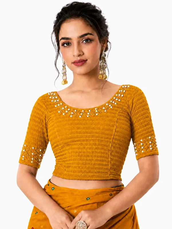 Yellow_Lycra_Embellished_Blouse_For_Women