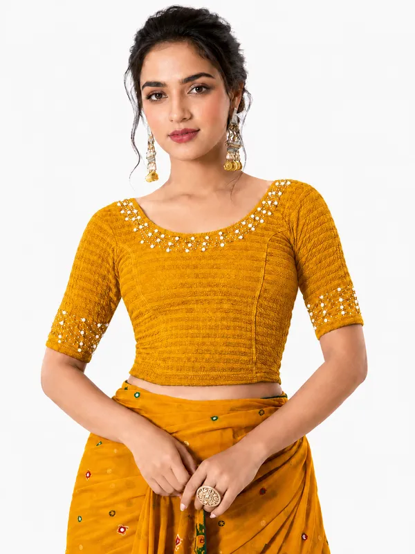 Yellow_Lycra_Embellished_Blouse_For_Women