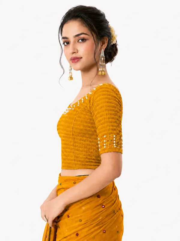 Yellow_Lycra_Embellished_Blouse_For_Women