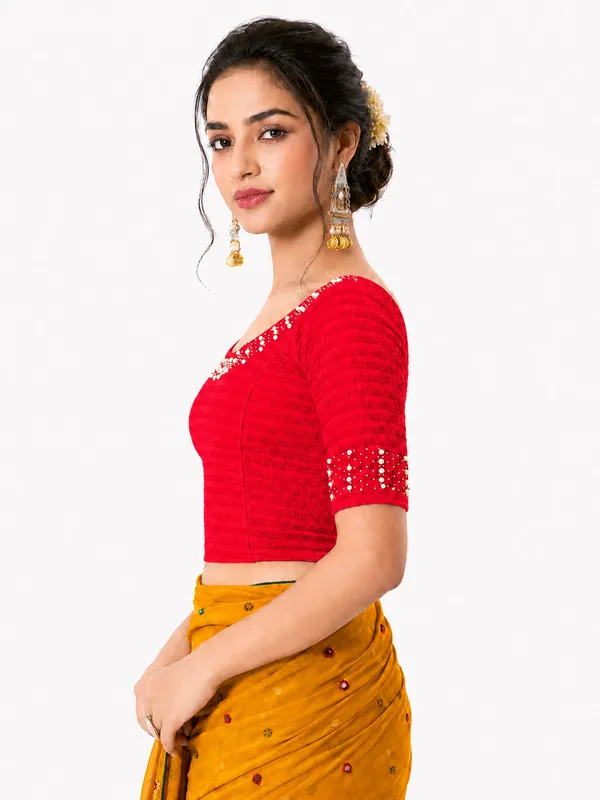Red_Lycra_Embellished_Short_Sleeve_Blouse_For_Women