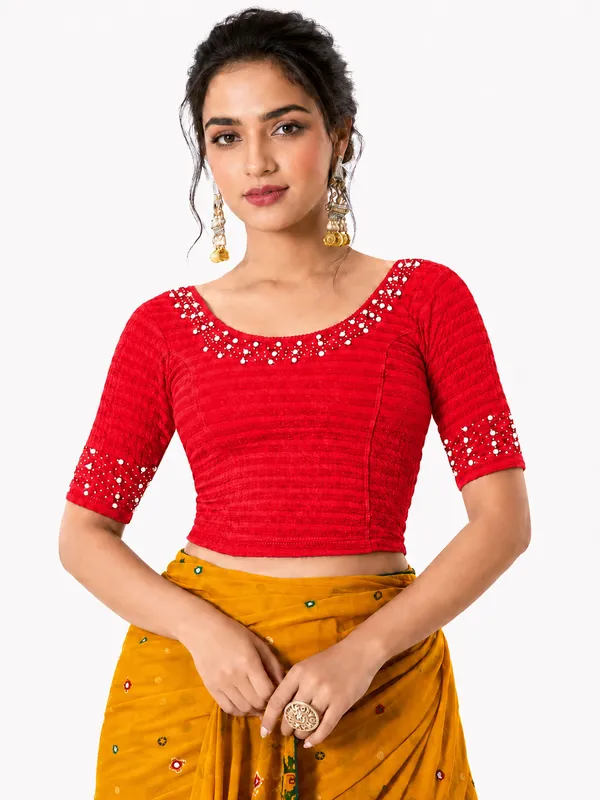 Red_Lycra_Embellished_Short_Sleeve_Blouse_For_Women
