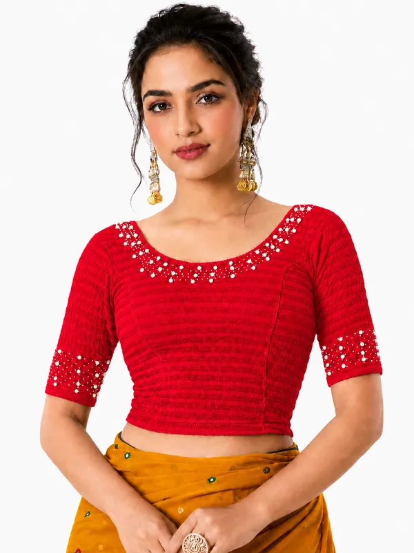 Red_Lycra_Embellished_Short_Sleeve_Blouse_For_Women