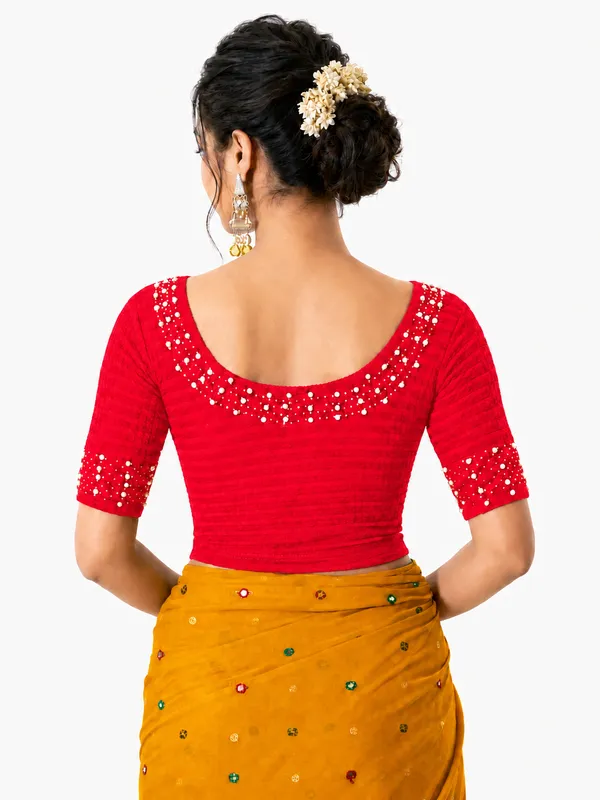 Red_Lycra_Embellished_Short_Sleeve_Blouse_For_Women