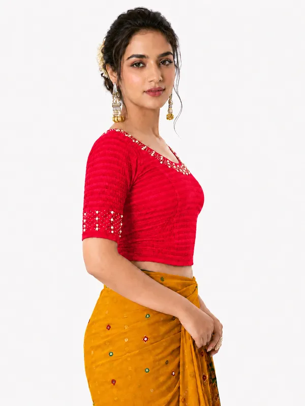 Red_Lycra_Embellished_Short_Sleeve_Blouse_For_Women