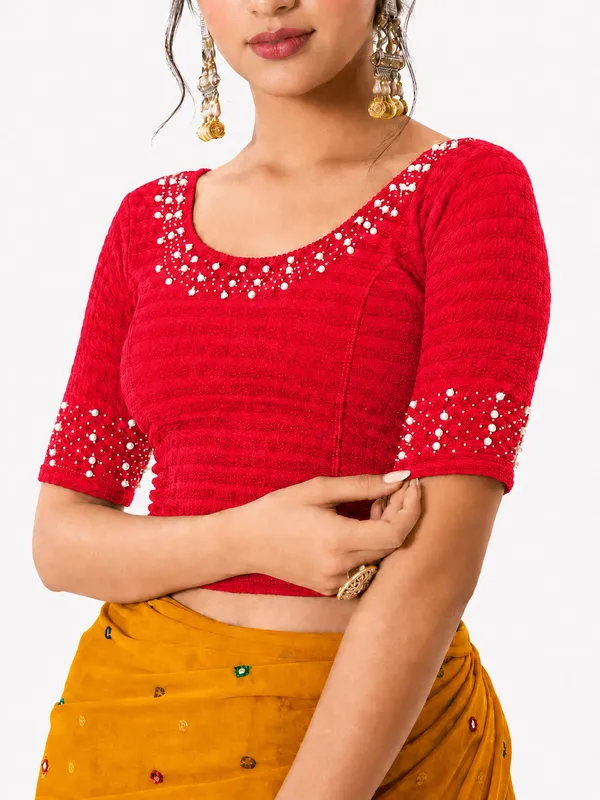 Red_Lycra_Embellished_Short_Sleeve_Blouse_For_Women