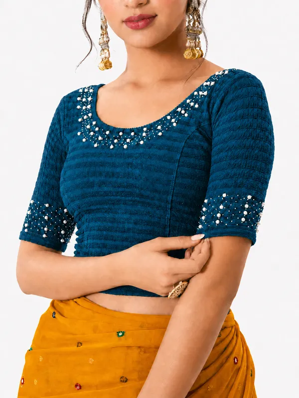 Blue_Lycra_Embellished_Blouse_For_Women
