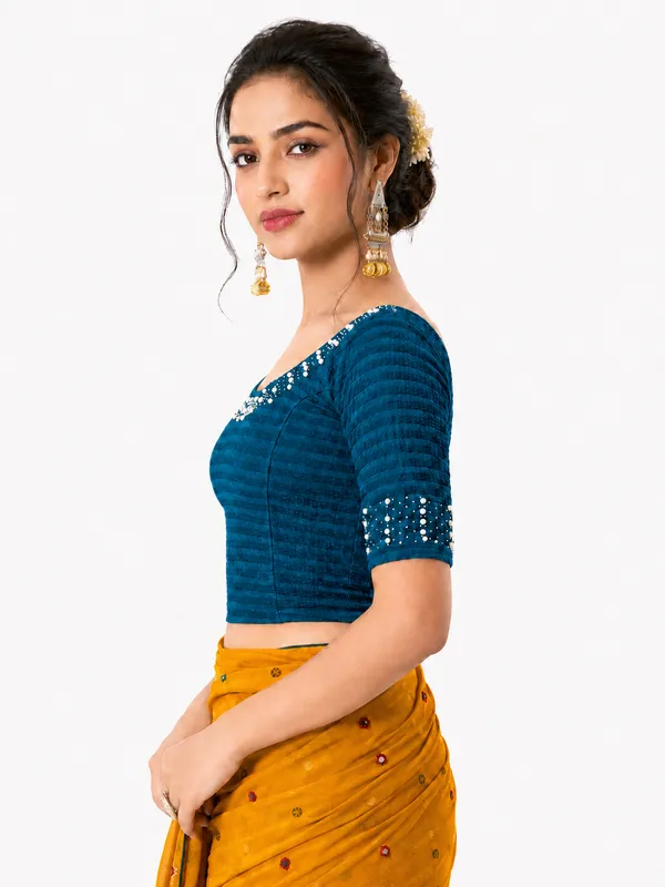 Blue_Lycra_Embellished_Blouse_For_Women