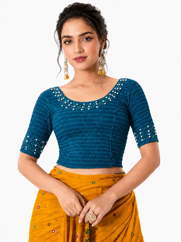 Blue_Lycra_Embellished_Blouse_For_Women