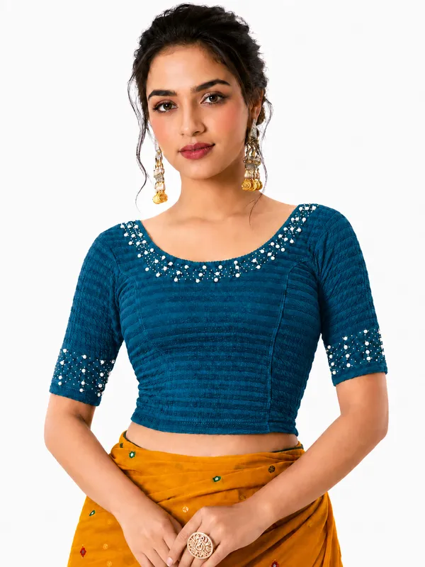 Blue_Lycra_Embellished_Blouse_For_Women
