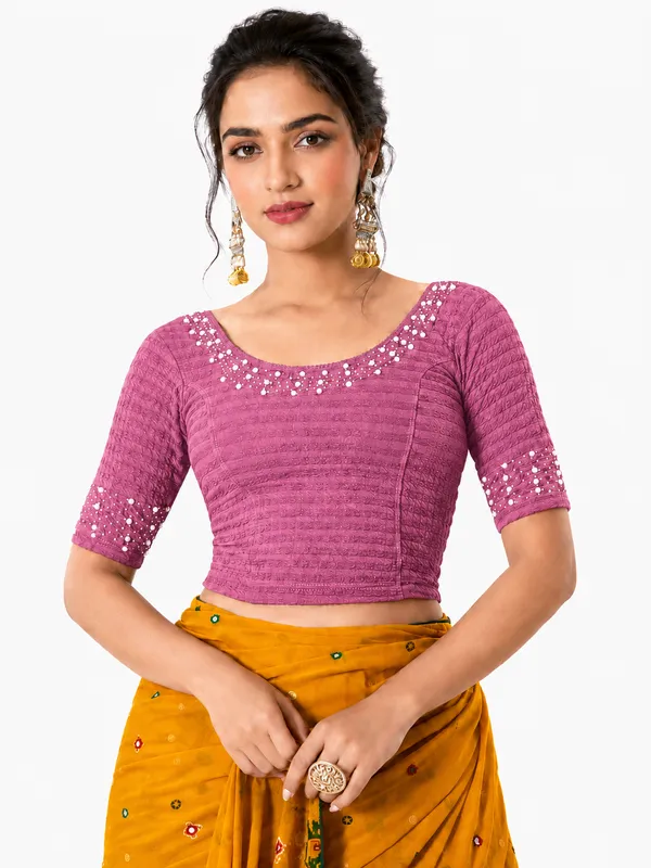 Pink_Lycra_Short_Sleeve_Blouse_For_Women