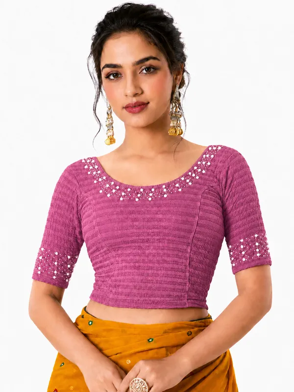Pink_Lycra_Short_Sleeve_Blouse_For_Women