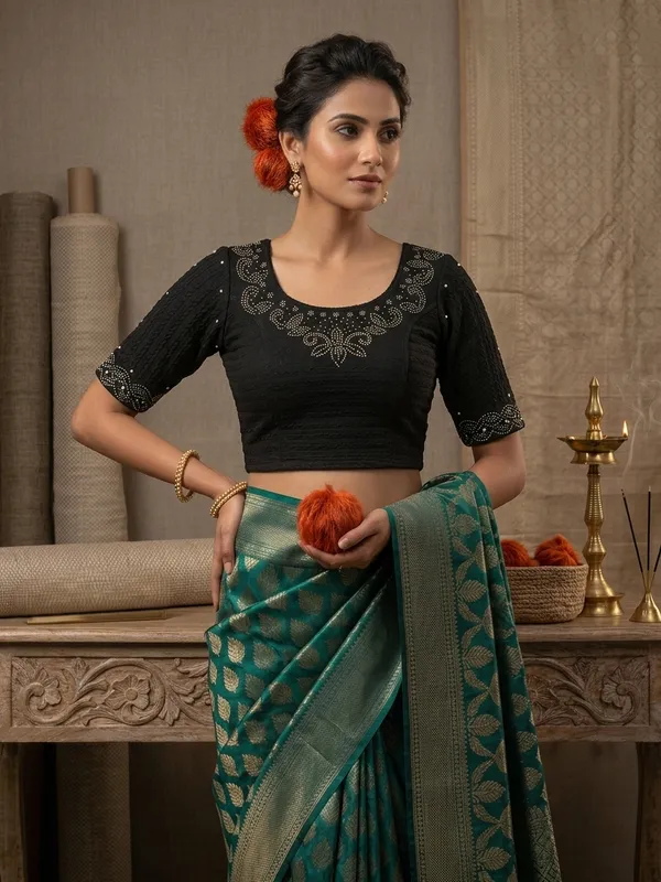 Black_Lycra_Embellished_Short_Sleeve_Blouse_For_Women