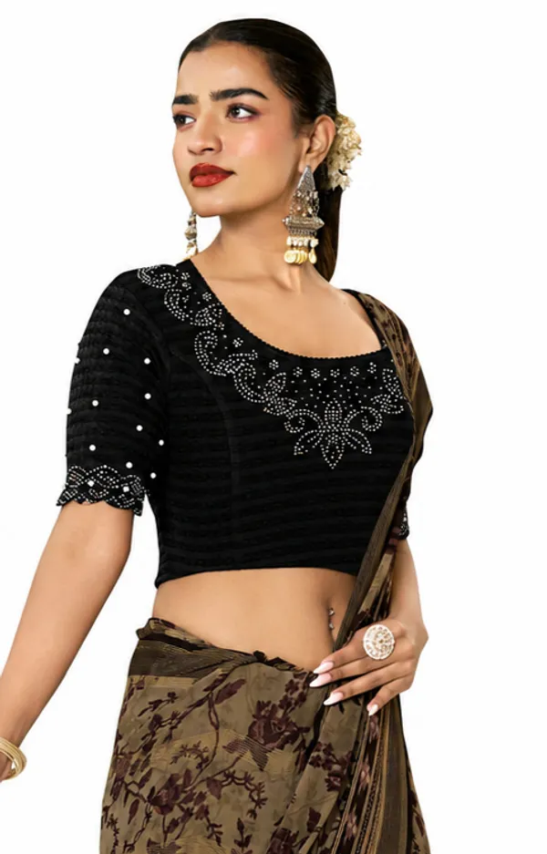 Black_Lycra_Embellished_Short_Sleeve_Blouse_For_Women