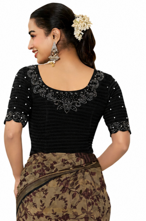 Black_Lycra_Embellished_Short_Sleeve_Blouse_For_Women