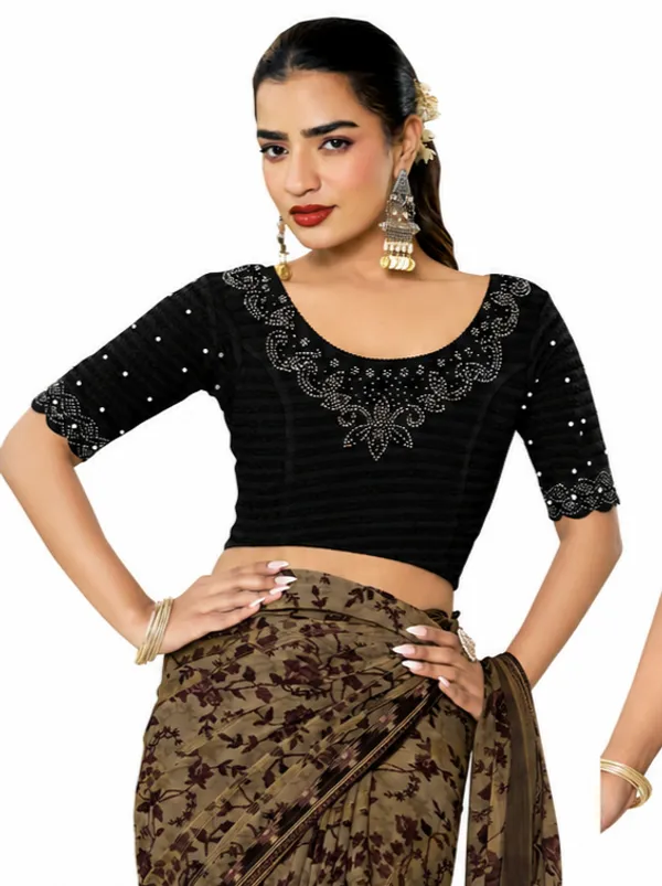 Black_Lycra_Embellished_Short_Sleeve_Blouse_For_Women