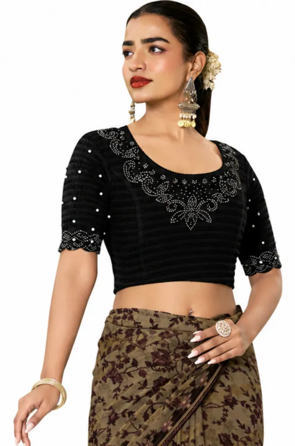 Black_Lycra_Embellished_Short_Sleeve_Blouse_For_Women