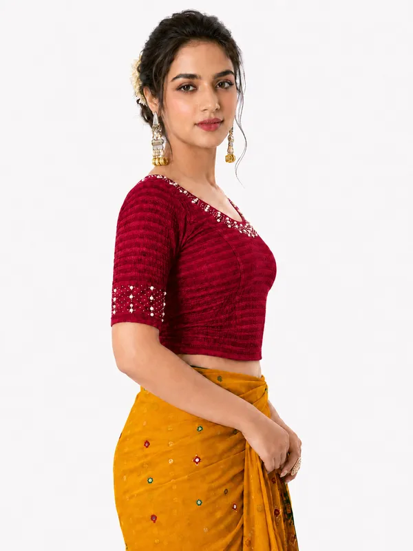 Red_Lycra_Fitted_Blouse_For_Women