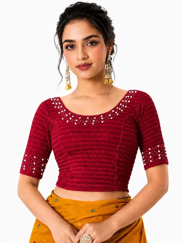 Red_Lycra_Fitted_Blouse_For_Women