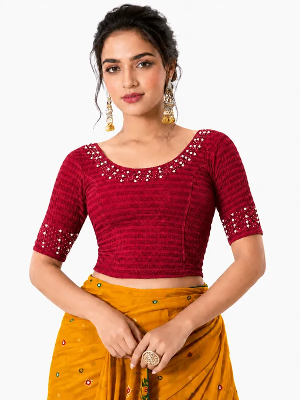 Red_Lycra_Fitted_Blouse_For_Women
