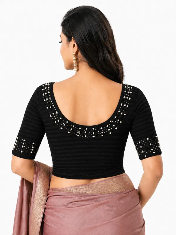 Black_Lycra_Short_Sleeve_Crop_Top_Blouse_For_Women