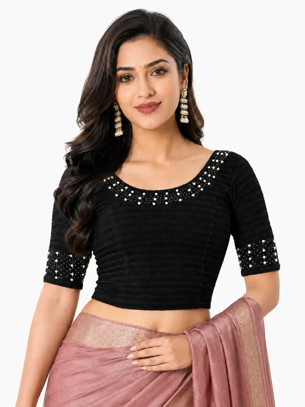 Black_Lycra_Short_Sleeve_Crop_Top_Blouse_For_Women