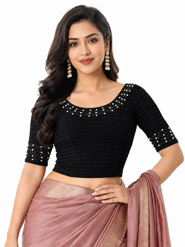 Black_Lycra_Short_Sleeve_Crop_Top_Blouse_For_Women