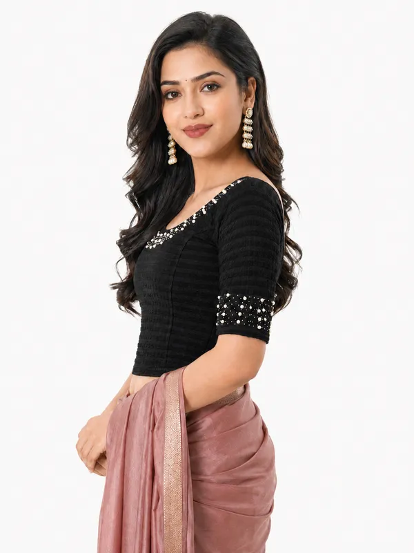 Black_Lycra_Short_Sleeve_Crop_Top_Blouse_For_Women