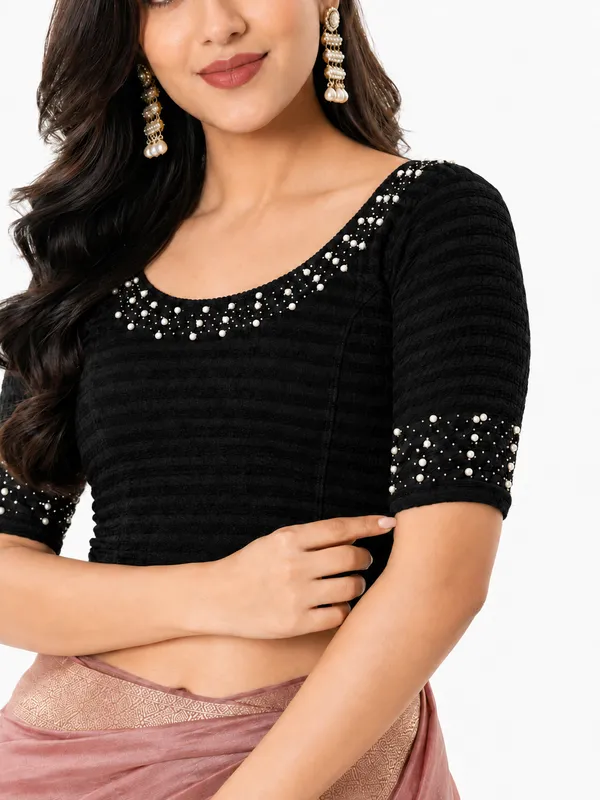 Black_Lycra_Short_Sleeve_Crop_Top_Blouse_For_Women