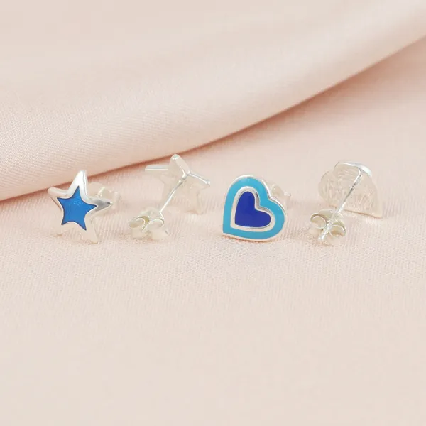 SILVER_ENAMEL_COLORFUL_SMALL_STUDS_SET_OF_TWO_SHAPES_NIGHT_STAR,LOVELY_HEART_SHINING_IN_SKY_BLUE_AND_LAPIZ_OLOR