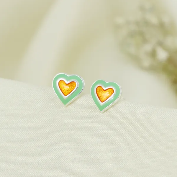 SILVER_ENAMEL_ITISHA_HEART_DOUBLE_COLOR_SMALL_STUD_AMBER_GOLDEN_WITH_SEA_GREEN_COMBINATION