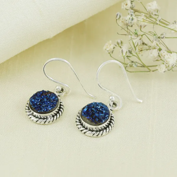 925_STERLING_SILVER_BLUE_DUZY_STUDDED_HIGH_POLISH_SIMPLE_AND_BASIC_LIGHT_WEIGHT_DANGLE_EARRING