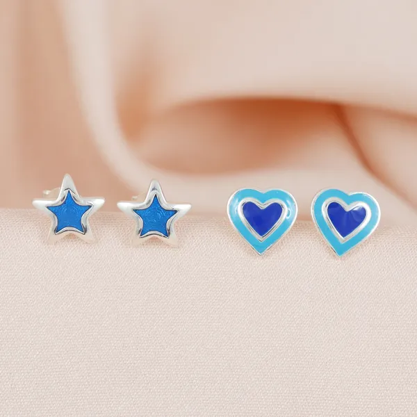 SILVER_ENAMEL_COLORFUL_SMALL_STUDS_SET_OF_TWO_SHAPES_NIGHT_STAR,LOVELY_HEART_SHINING_IN_SKY_BLUE_AND_LAPIZ_OLOR