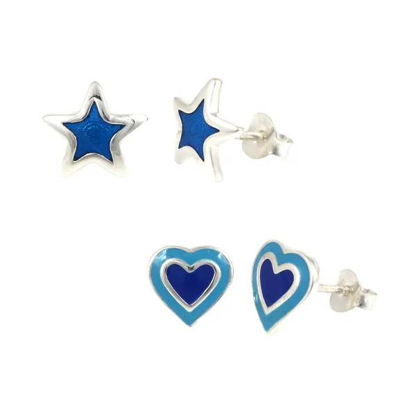 SILVER_ENAMEL_COLORFUL_SMALL_STUDS_SET_OF_TWO_SHAPES_NIGHT_STAR,LOVELY_HEART_SHINING_IN_SKY_BLUE_AND_LAPIZ_OLOR
