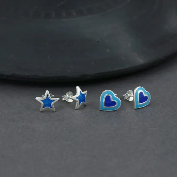 SILVER_ENAMEL_COLORFUL_SMALL_STUDS_SET_OF_TWO_SHAPES_NIGHT_STAR,LOVELY_HEART_SHINING_IN_SKY_BLUE_AND_LAPIZ_OLOR