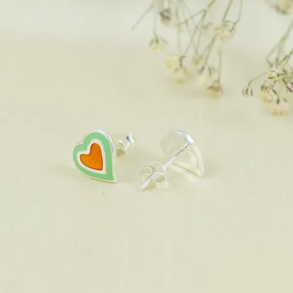 SILVER_ENAMEL_ITISHA_HEART_DOUBLE_COLOR_SMALL_STUD_AMBER_GOLDEN_WITH_SEA_GREEN_COMBINATION